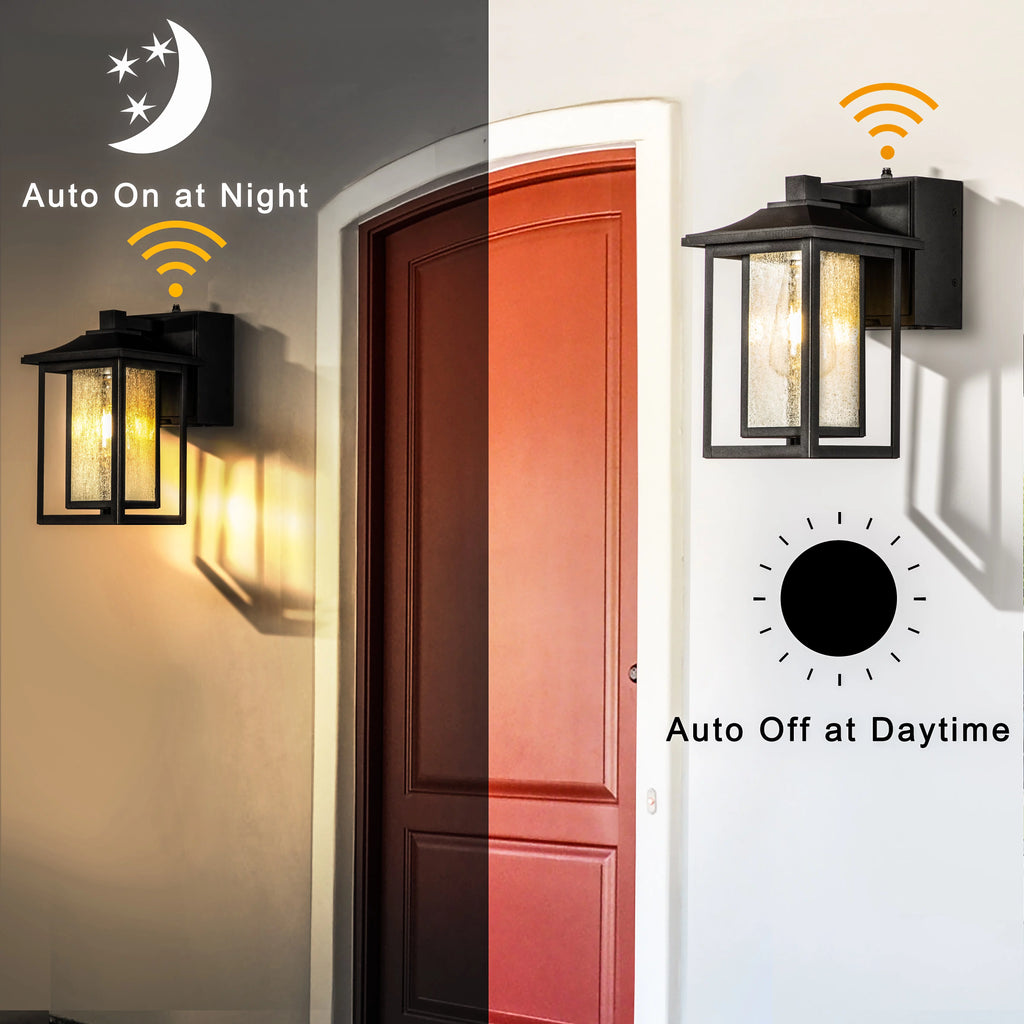 Black Dusk to Dawn Sensor Outdoor Wall Sconces with Seeded Glass and GFCI Outlets Q31904