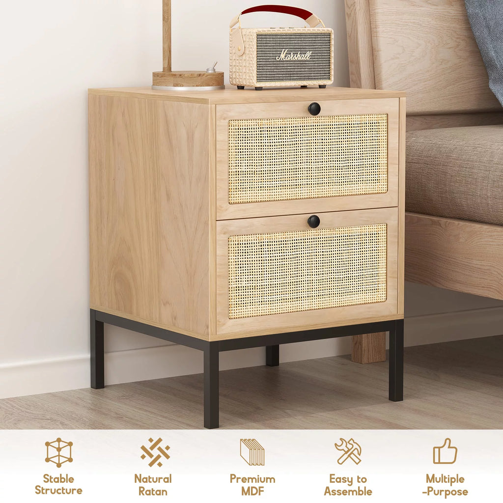 Set of 2 Rattan Storage Drawers and Shelf Nightstands A4504