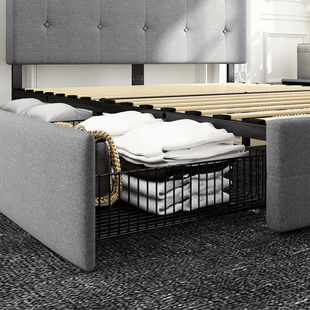 Queen Size Storage Bed Frame with 4 Drawers, Tufted Adjustable Headboard, Dark Grey V52317