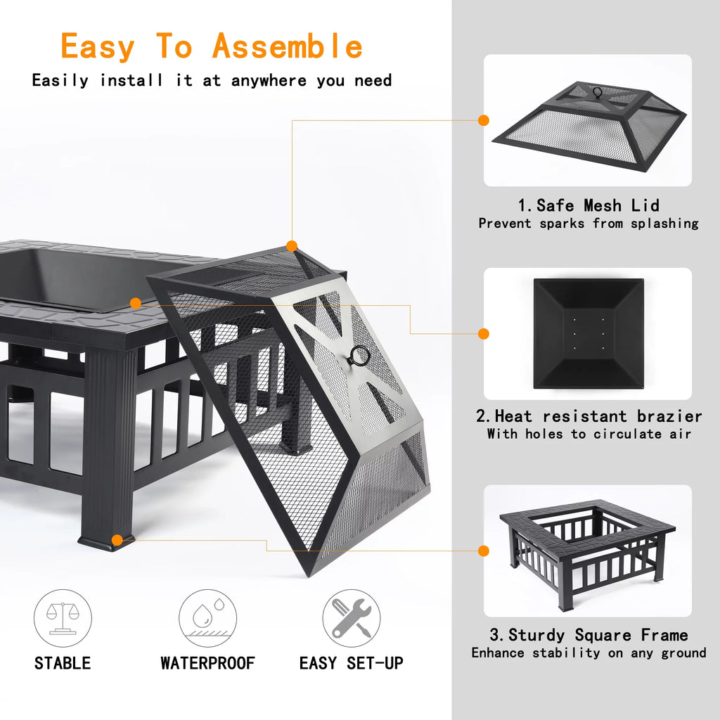 32 Square Metal Fire Pit Table with Spark Screen & Log Poker W4976