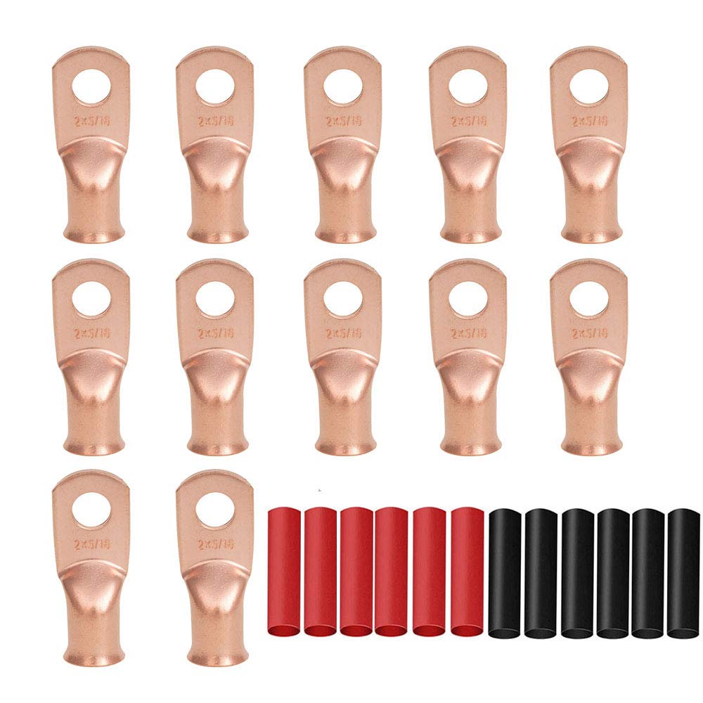 12PCS 2x5/16 Copper Ring Terminal Connectors 2 AWG Heavy Duty Battery Cable Ends Bare Copper Lugs with 12 PCS 3:1 Heat Shrink Tubing Y782465