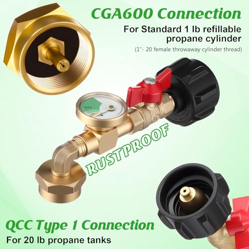 Propane Refill Adapter for 1lb Tank with 3 Cylinder Stand, QCC1 Refill Adapter 20lb to 1lb Converter with Gauge and On/Off Control Valve B721