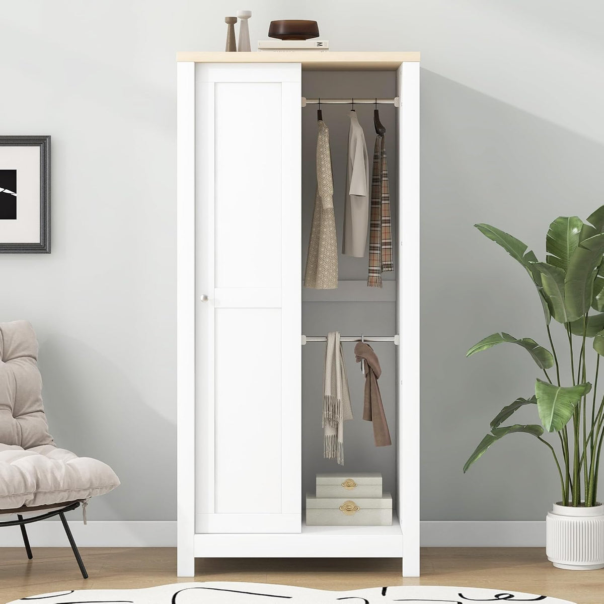 White Wooden Wardrobe Closet with 2 Drawers and Sliding Door R163702