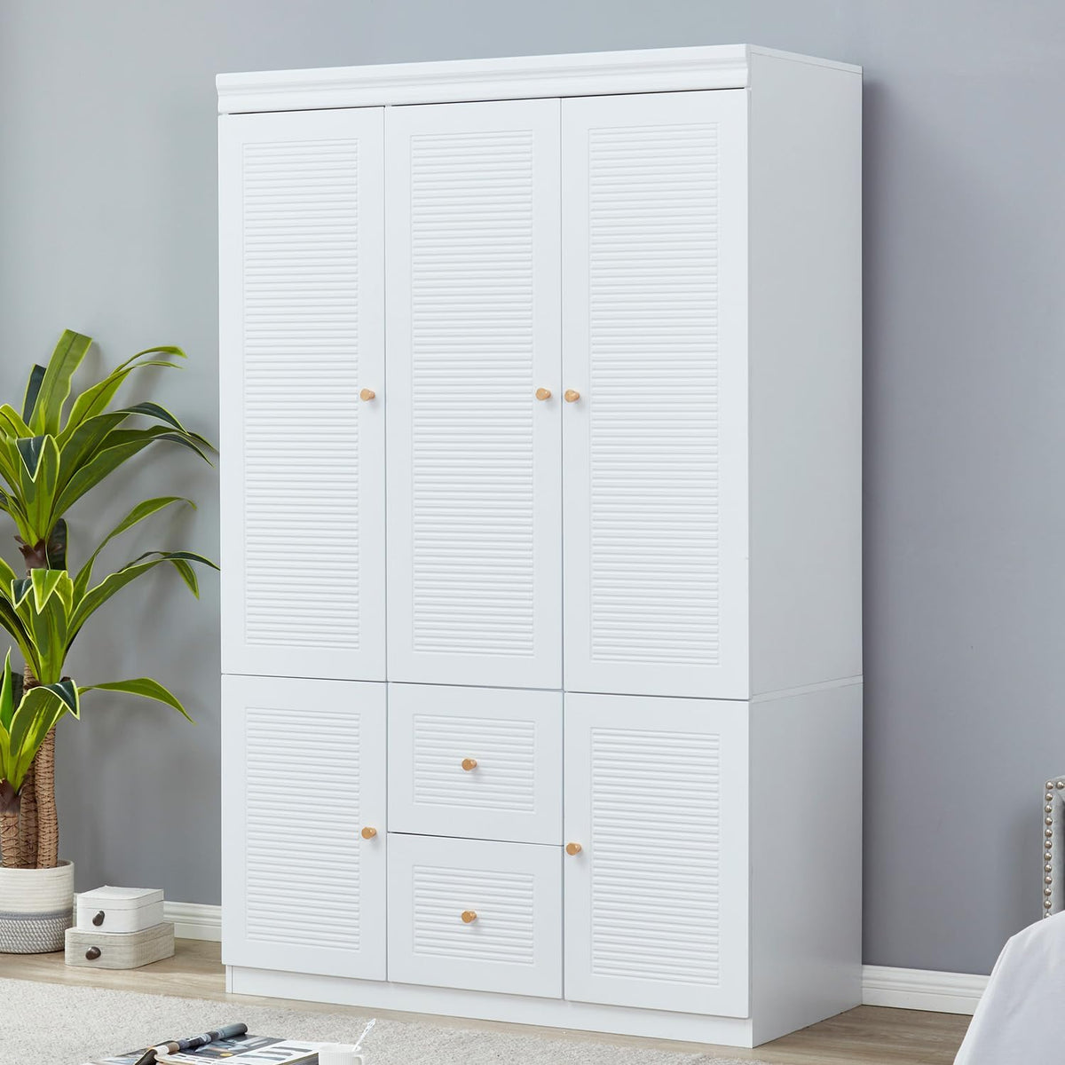 White 3 Door Wooden Armoire Wardrobe with 2 Drawers and Hanging Rod S68158