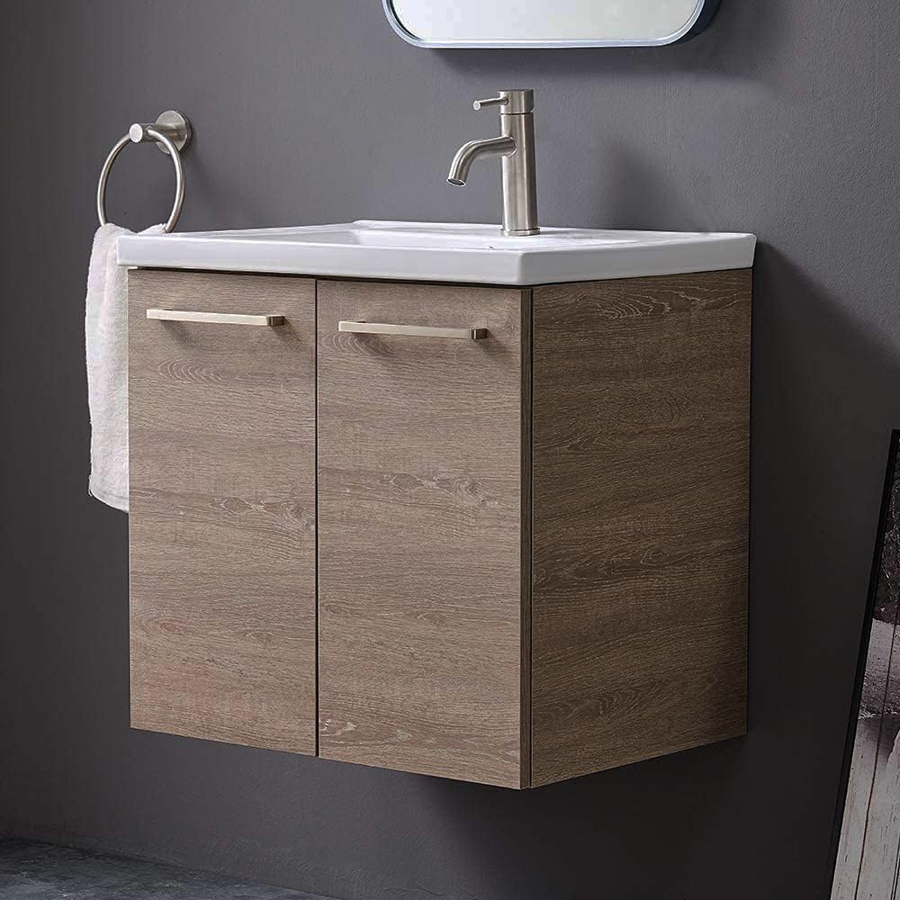 Brown 24” Wall-Mounted Bathroom Vanity with Ceramic Sink Q515