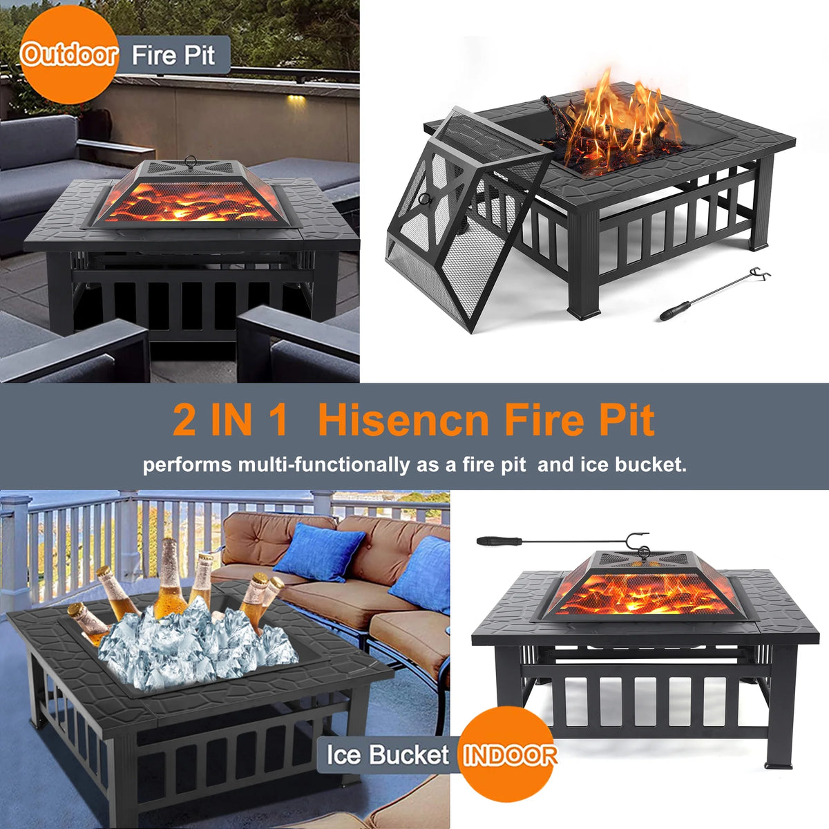 32 Square Metal Fire Pit Table with Spark Screen & Log Poker W4976