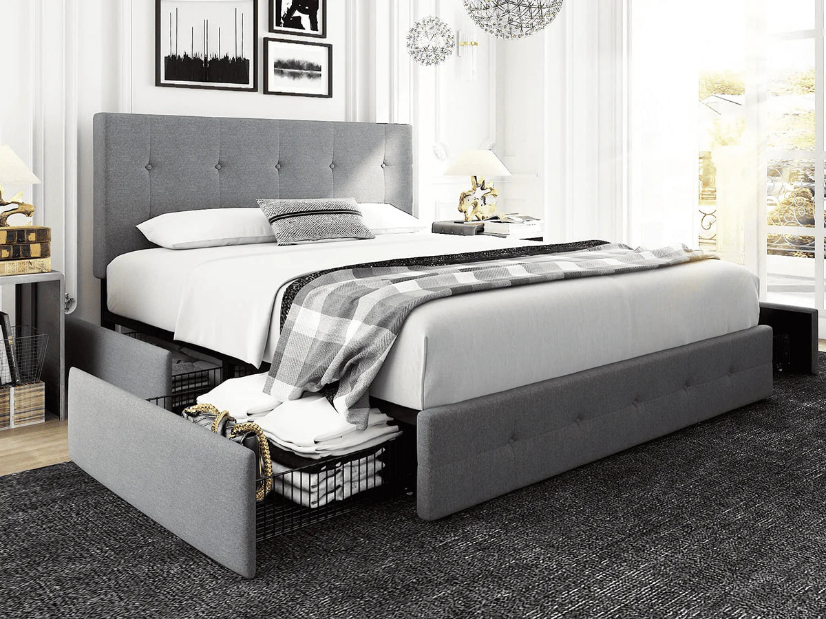 Queen Size Storage Bed Frame with 4 Drawers, Tufted Adjustable Headboard, Dark Grey V52317