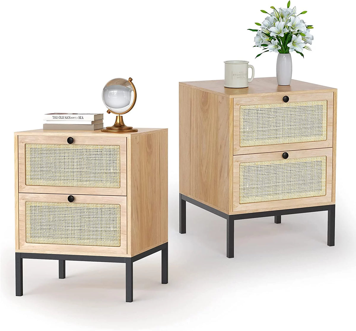 Set of 2 Rattan Storage Drawers and Shelf Nightstands A4504