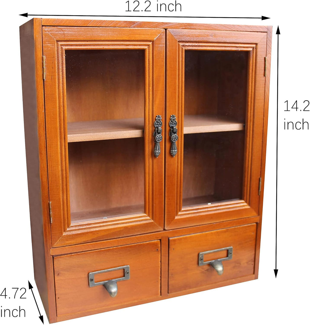 Wooden Storage Cabinet with Glass Double Doors and Adjustable Shelf and Two Drawers H469
