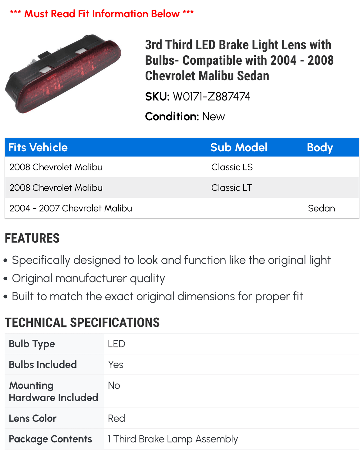 LED Brake Light Lens with Bulbs U44965
