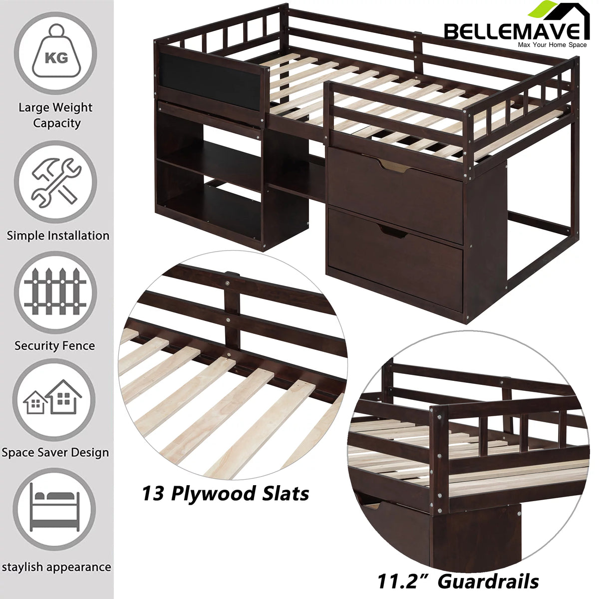 Twin Size Loft Bed with Rolling Desk, Storage Shelves and Chalkboard M951
