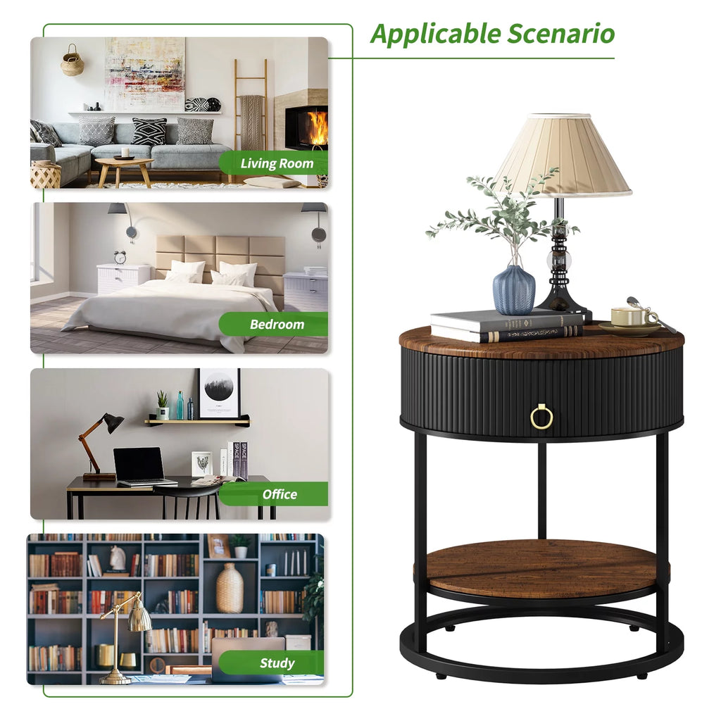 Black Metal 2-Tier Round End Table with Drawer W8811