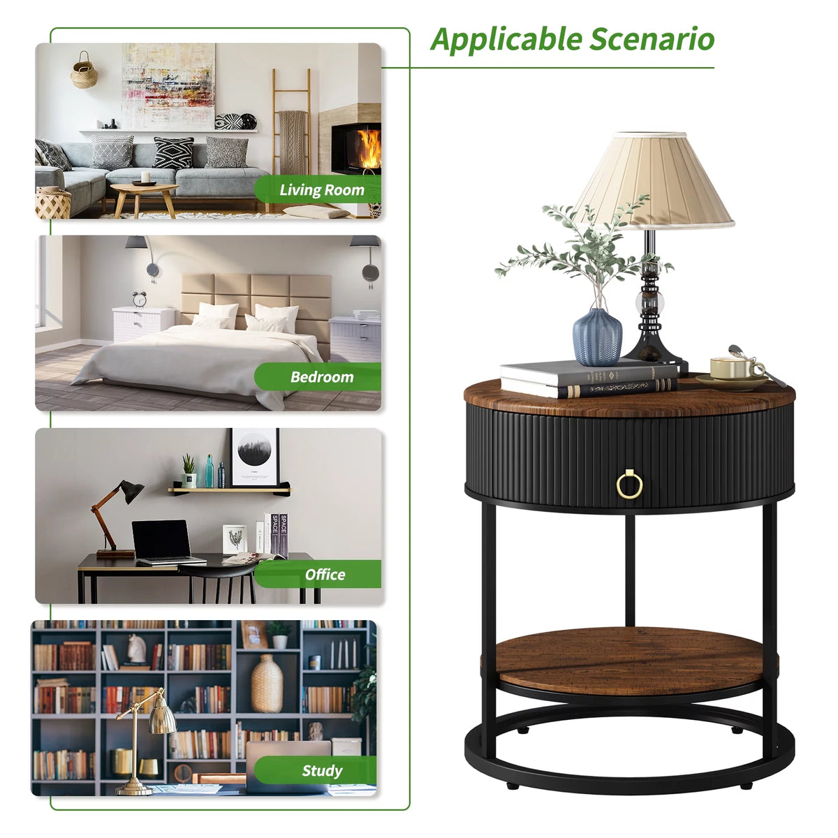 Black Metal 2-Tier Round End Table with Drawer W8811
