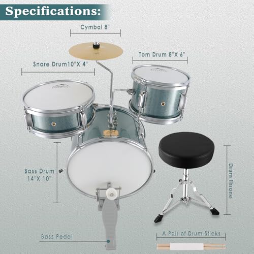 Kids 3 Piece Drum Set with Adjustable Throne, Cymbal, Pedal, Drumsticks G495