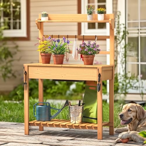 Solid Wood Potting Bench Table with Sink and Storage Shelves L74983