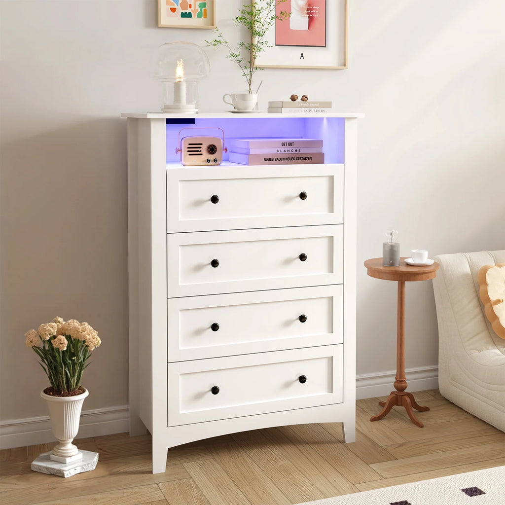 White 5 Drawer Wood Dresser with Power Outlets F557
