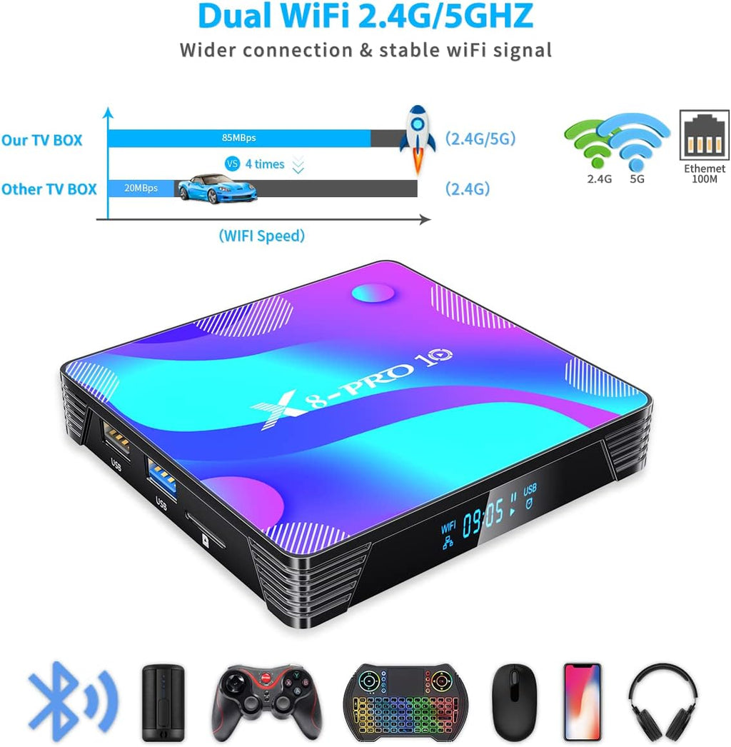 Android TV Box 4GB RAM 32GB ROM with Mini Wireless Backlit Keyboard, RK3318 Quad-Core 64 Bits Dual-WiFi 2.4GHz/5GHz BT 4.2 USB 3.0 3D 4K Pack of 2 O41263