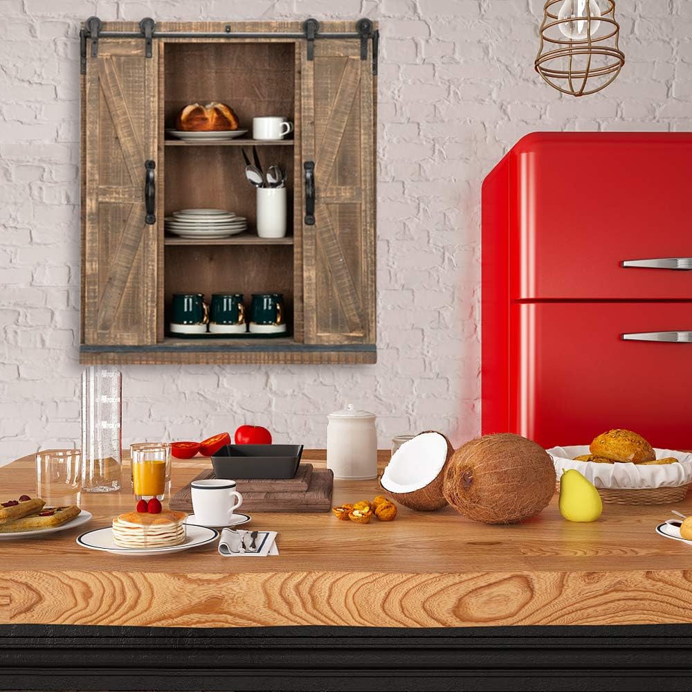 Rustic Wooden Wall Mounted Storage Cabinet with Sliding Barn Double Doors M34089