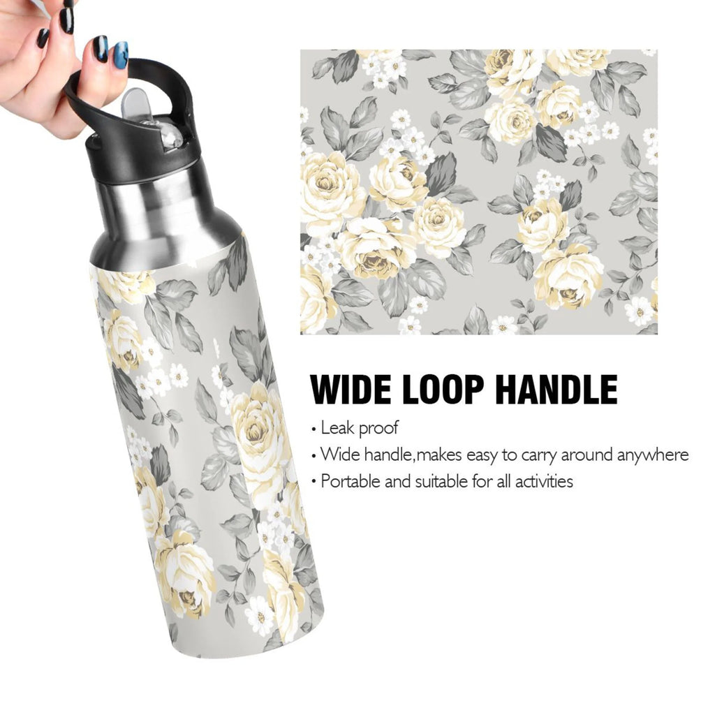 Yellow Flowers on Grey Stainless Steel Insulated Water Bottle with Straw Lid V570066