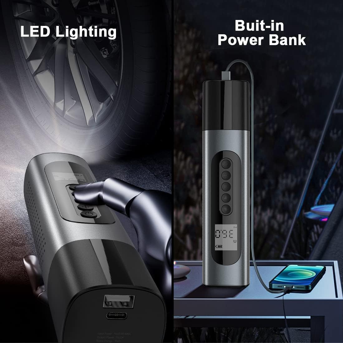 Cordless Portable Air Compressor Tire Inflator 120PSI with Digital Pressure Gauge LED Light Power Bank M748460
