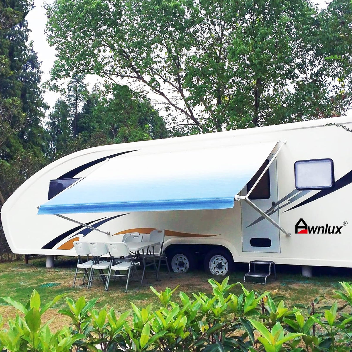 Blue Ombre White 12' Vinyl RV Awning Fabric Replacement with Press Plate & Pull Strap M745892