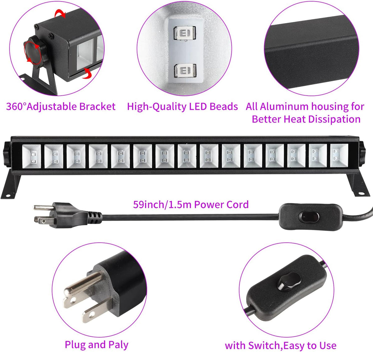 4 Pack 30W Black Light Bar with Switch Plug 5ft Cable X44596