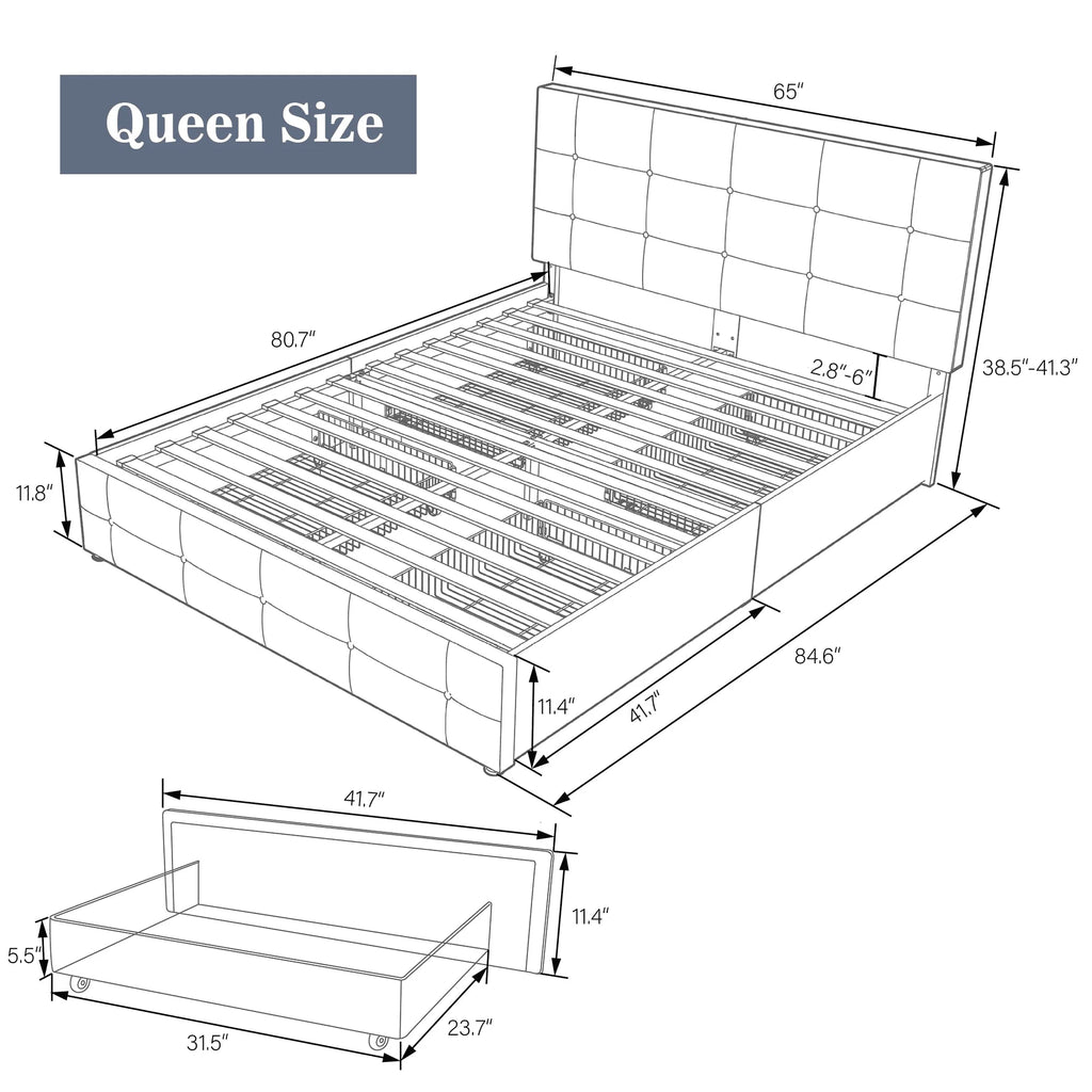 Queen Size Storage Bed Frame with 4 Drawers, Tufted Adjustable Headboard, Dark Grey V52317