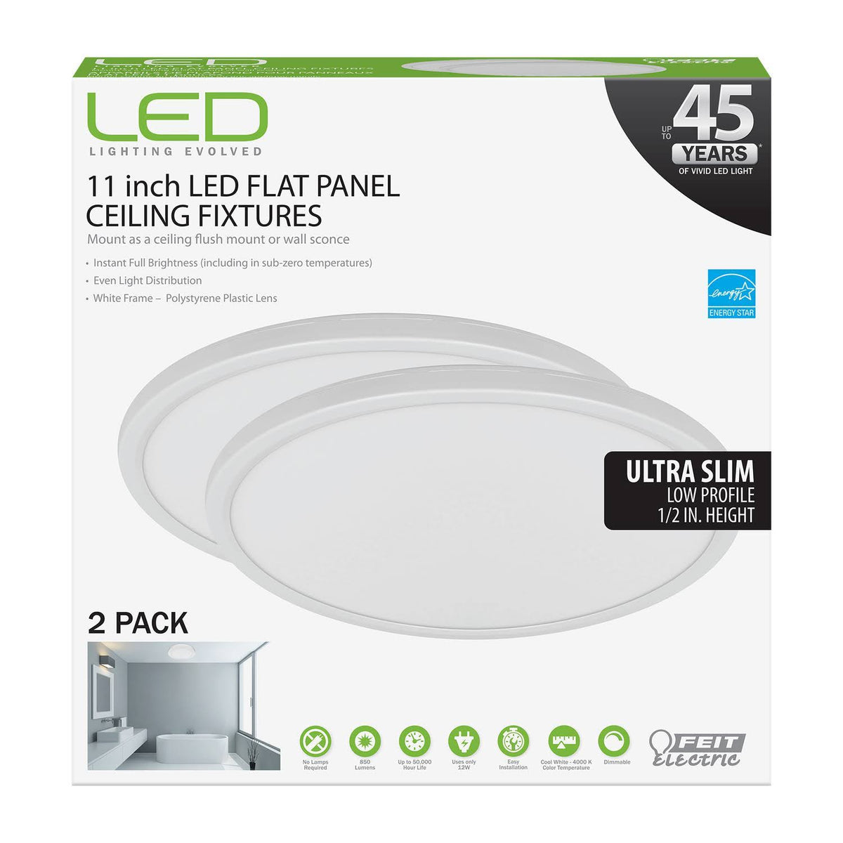 LED Flat Panel Ceiling Fixtures 12 Watts 2 Pack U449688