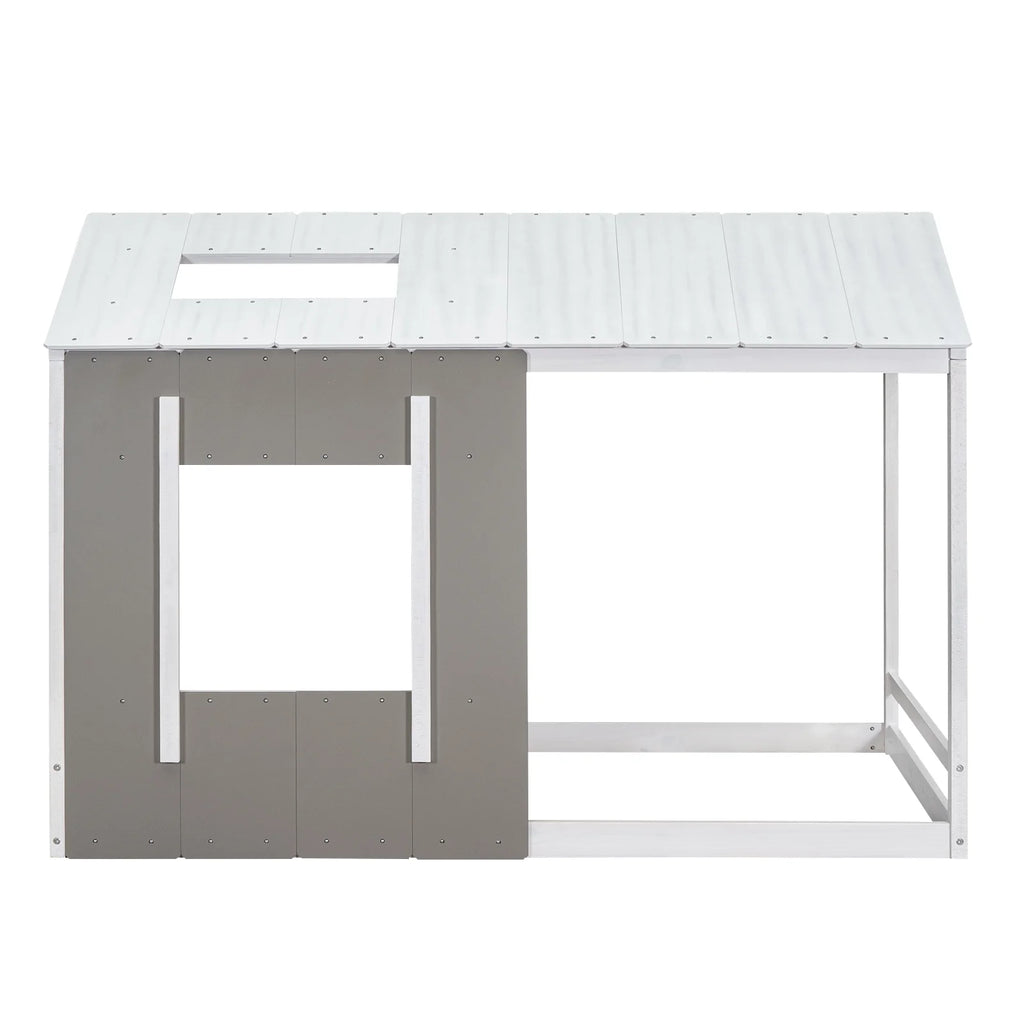 Wood Twin House Platform Bed with Roof and Window, Gray F2951