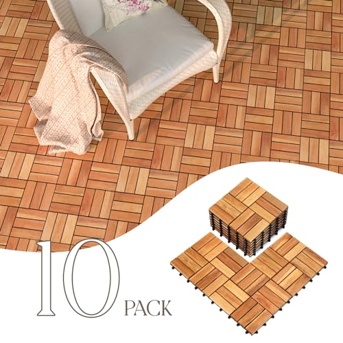 20 Pack Solid Acacia Wood Interlocking Deck Tiles, Golden Teak W9092