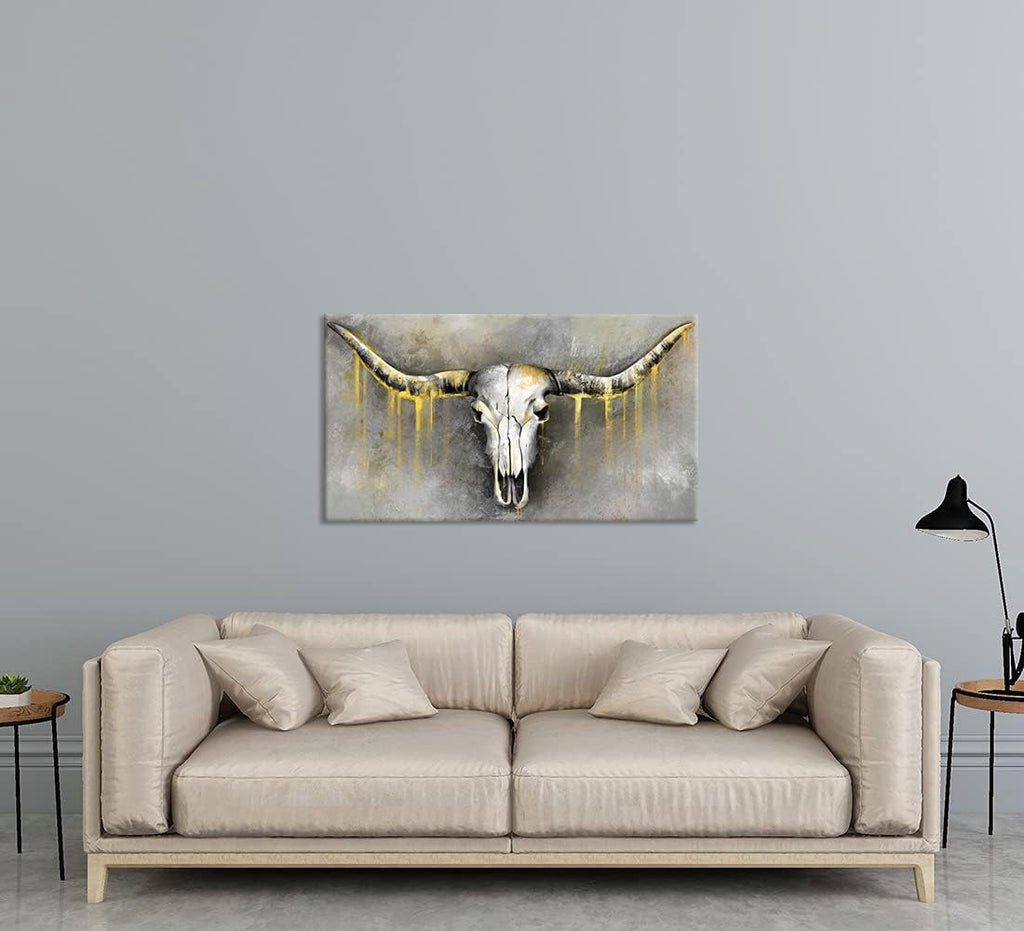 Large Abstract Bull Skull Canvas Wall Art Grey and Gold 20x36inch K7207