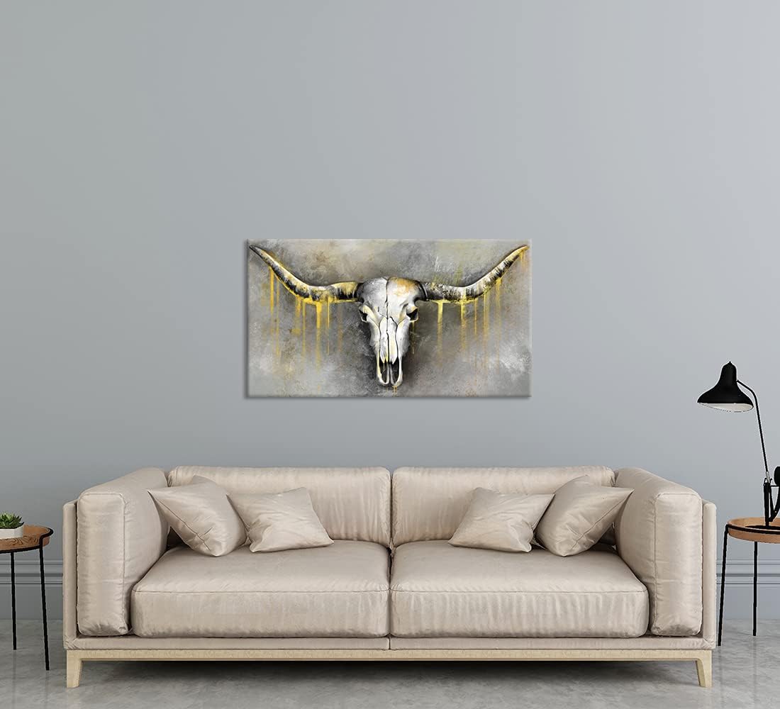 Large Abstract Bull Skull Canvas Wall Art Grey and Gold 20x36inch K7207