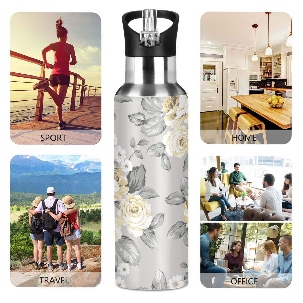 Yellow Flowers on Grey Stainless Steel Insulated Water Bottle with Straw Lid V570066