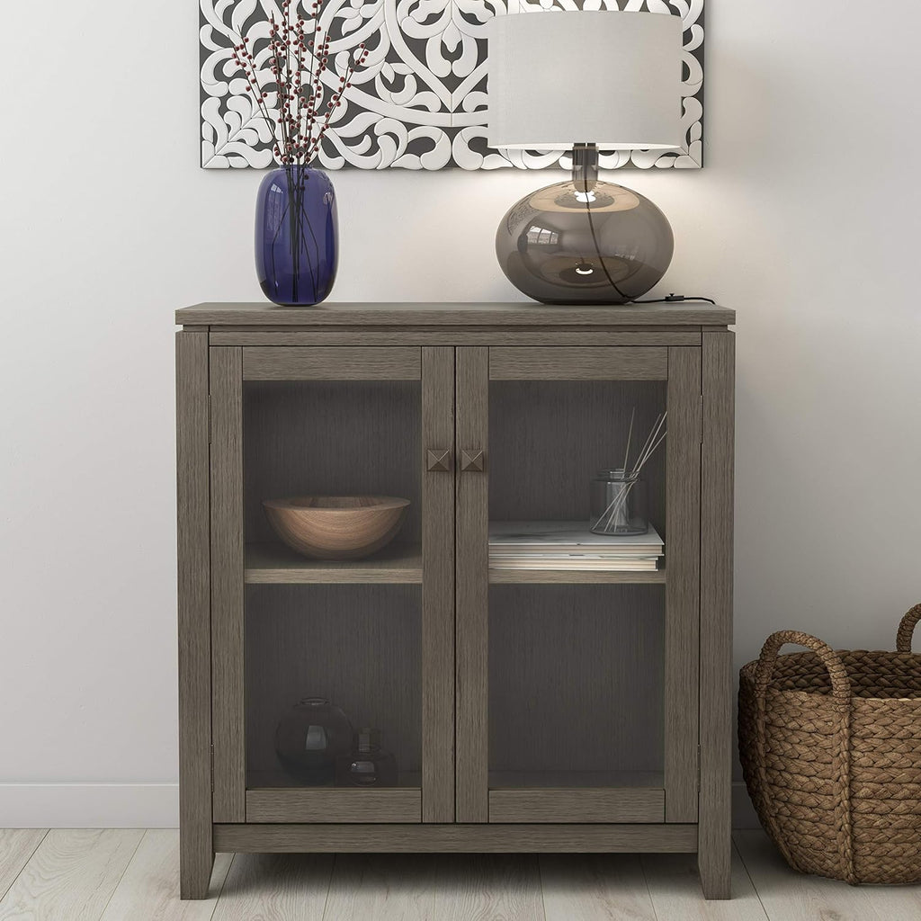 Farmhouse Grey 30 inch Low Storage Cabinet with 2 Tempered Glass Doors Y267