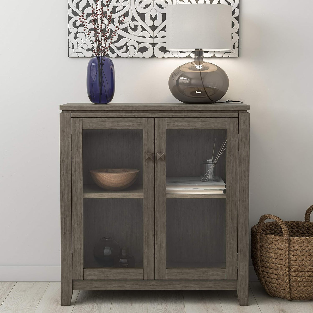 Farmhouse Grey 30 inch Low Storage Cabinet with 2 Tempered Glass Doors Y267