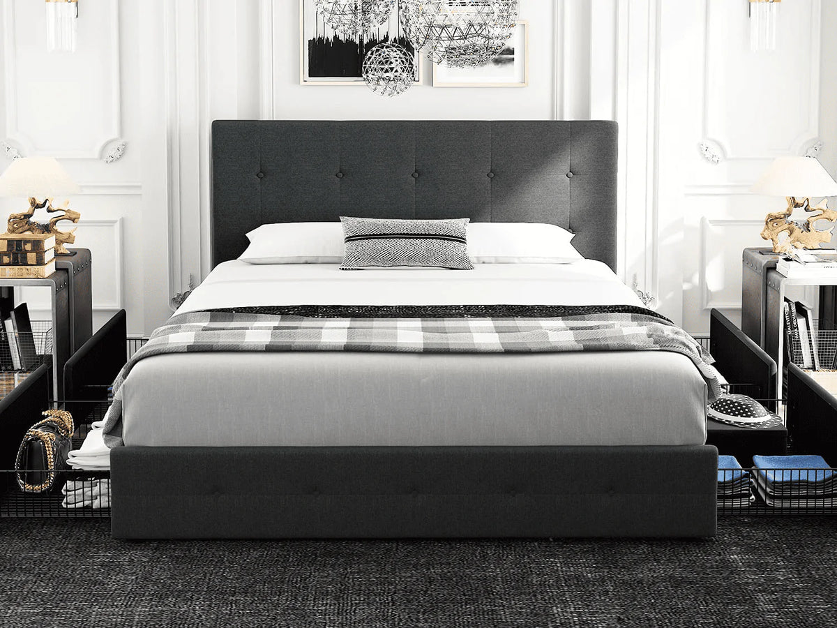 Queen Size Storage Bed Frame with 4 Drawers, Tufted Adjustable Headboard, Dark Grey V52317