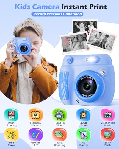 Instant Print Kids Camera with 3 Rolls Printing Paper Green K241298