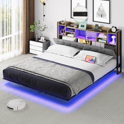 Gray Upholstered Floating Platform Bed with Charging Station I263
