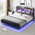 Gray Upholstered Floating Platform Bed with Charging Station I263