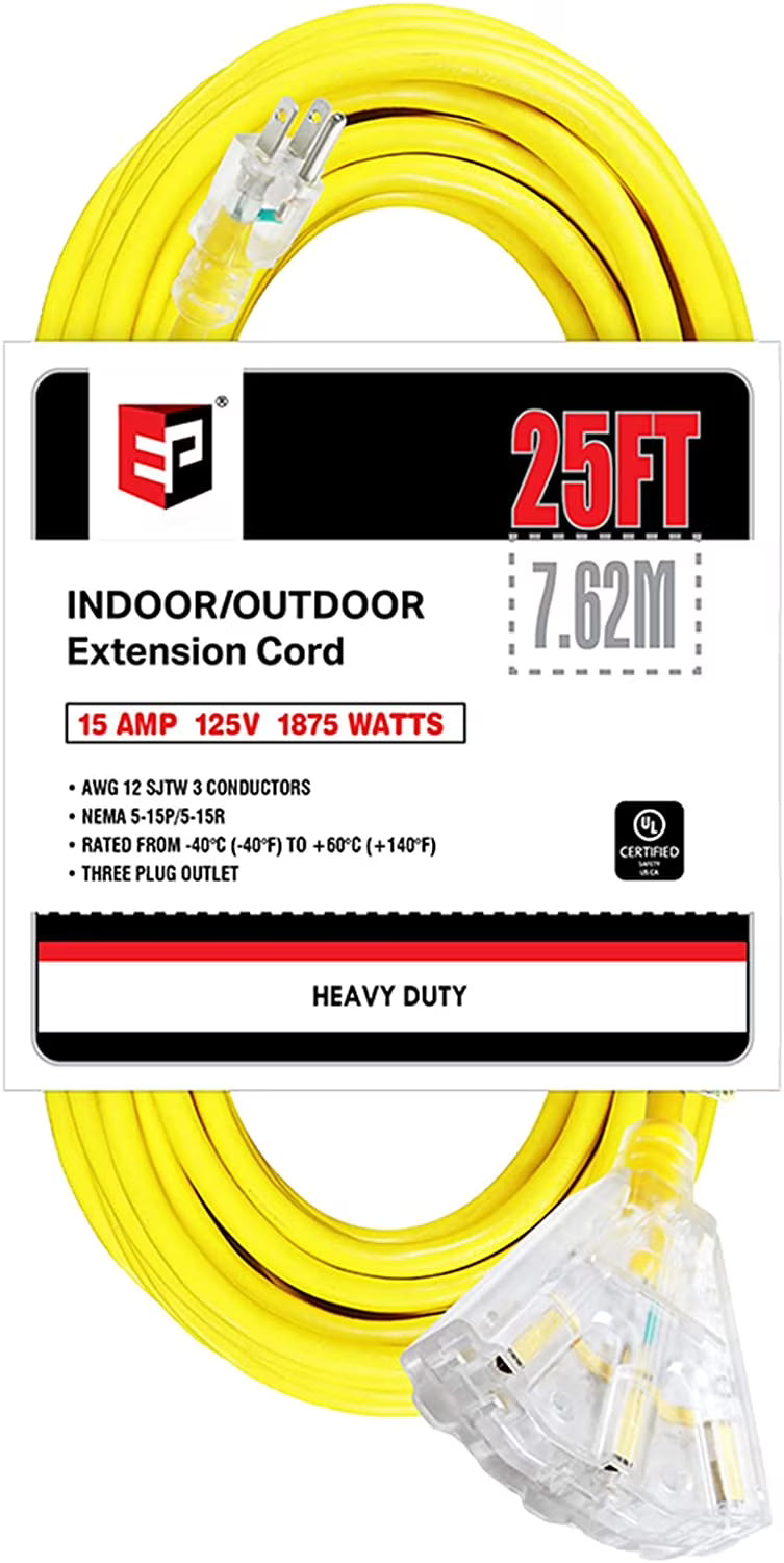 25 Ft 12/3 SJTW Extension Cord with 3 Electrical Power Outlets P8733