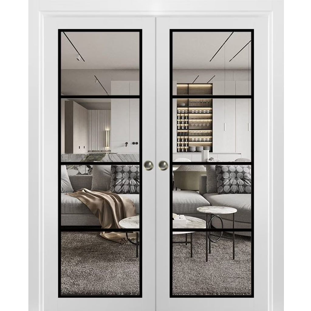 White Silk Clear Glass Solid Wood Double Pocket Doors L1191