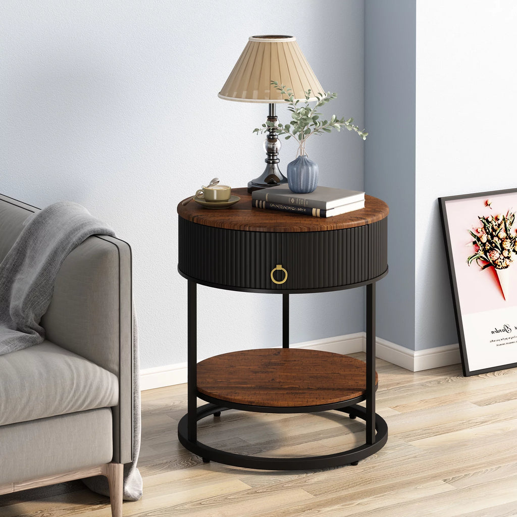 Black Metal 2-Tier Round End Table with Drawer W8811