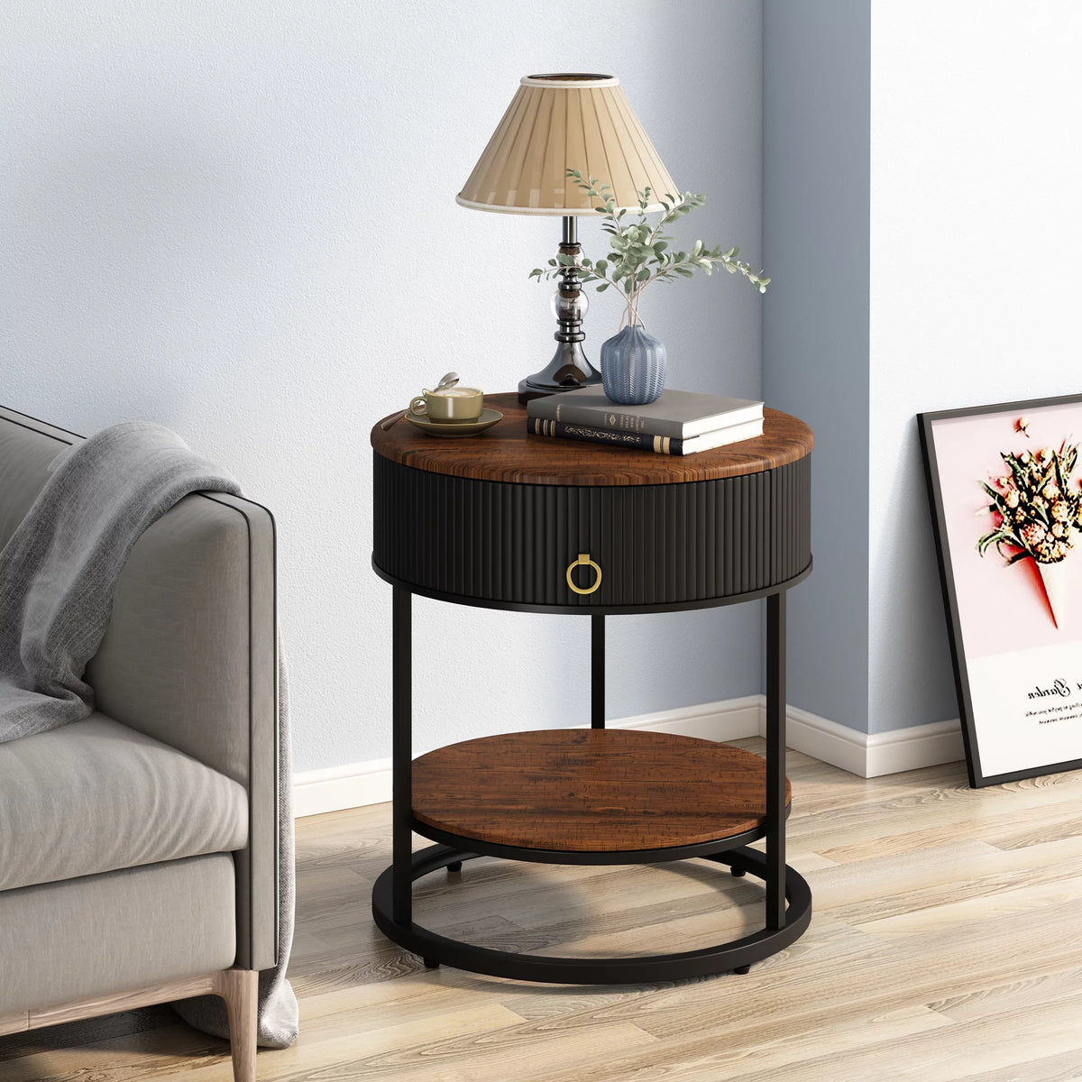 Black Metal 2-Tier Round End Table with Drawer W8811