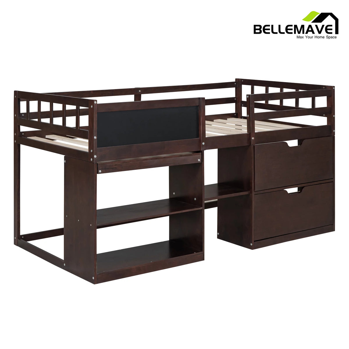 Twin Size Loft Bed with Rolling Desk, Storage Shelves and Chalkboard M951