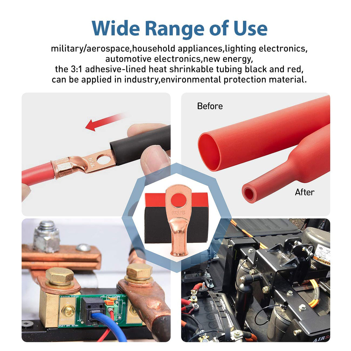 12PCS 2x5/16 Copper Ring Terminal Connectors 2 AWG Heavy Duty Battery Cable Ends Bare Copper Lugs with 12 PCS 3:1 Heat Shrink Tubing Y782465