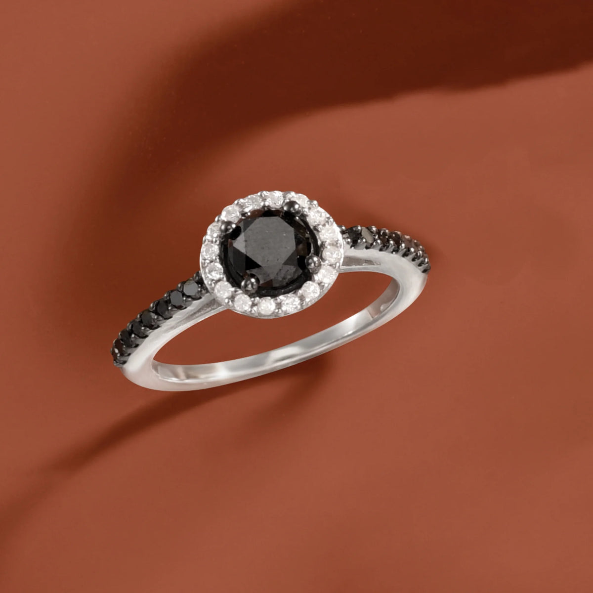 Black and White Diamond Halo Ring in Sterling Silver I209