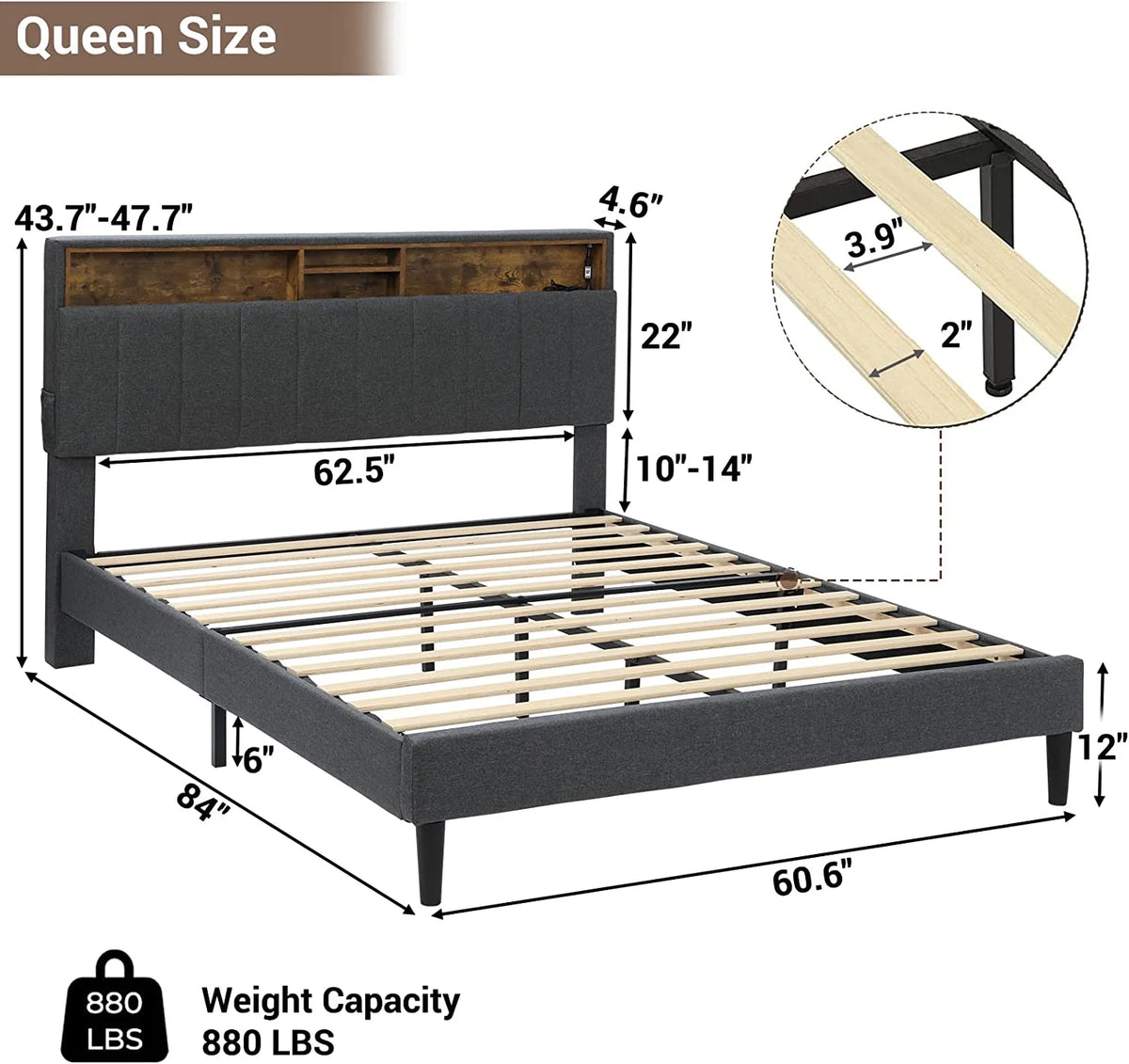 Dark Grey Queen Upholstered Platform Bed Frame with Storage Headboard M793502