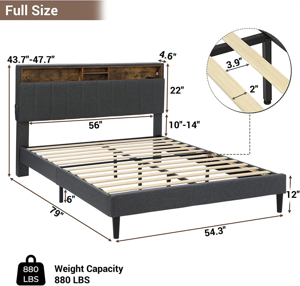 Dark Grey Queen Upholstered Platform Bed Frame with Storage Headboard M793502
