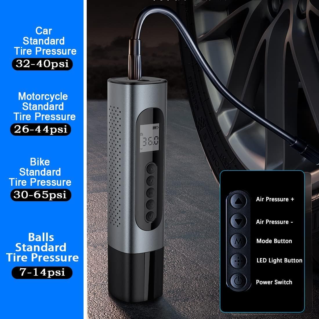 Cordless Portable Air Compressor Tire Inflator 120PSI with Digital Pressure Gauge LED Light Power Bank M748460