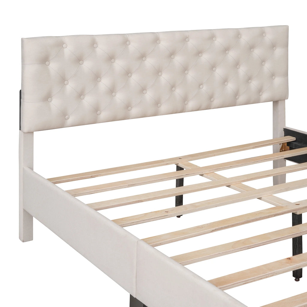 Beige Upholstered Fabric Queen Size Platform Bed Frame N921568